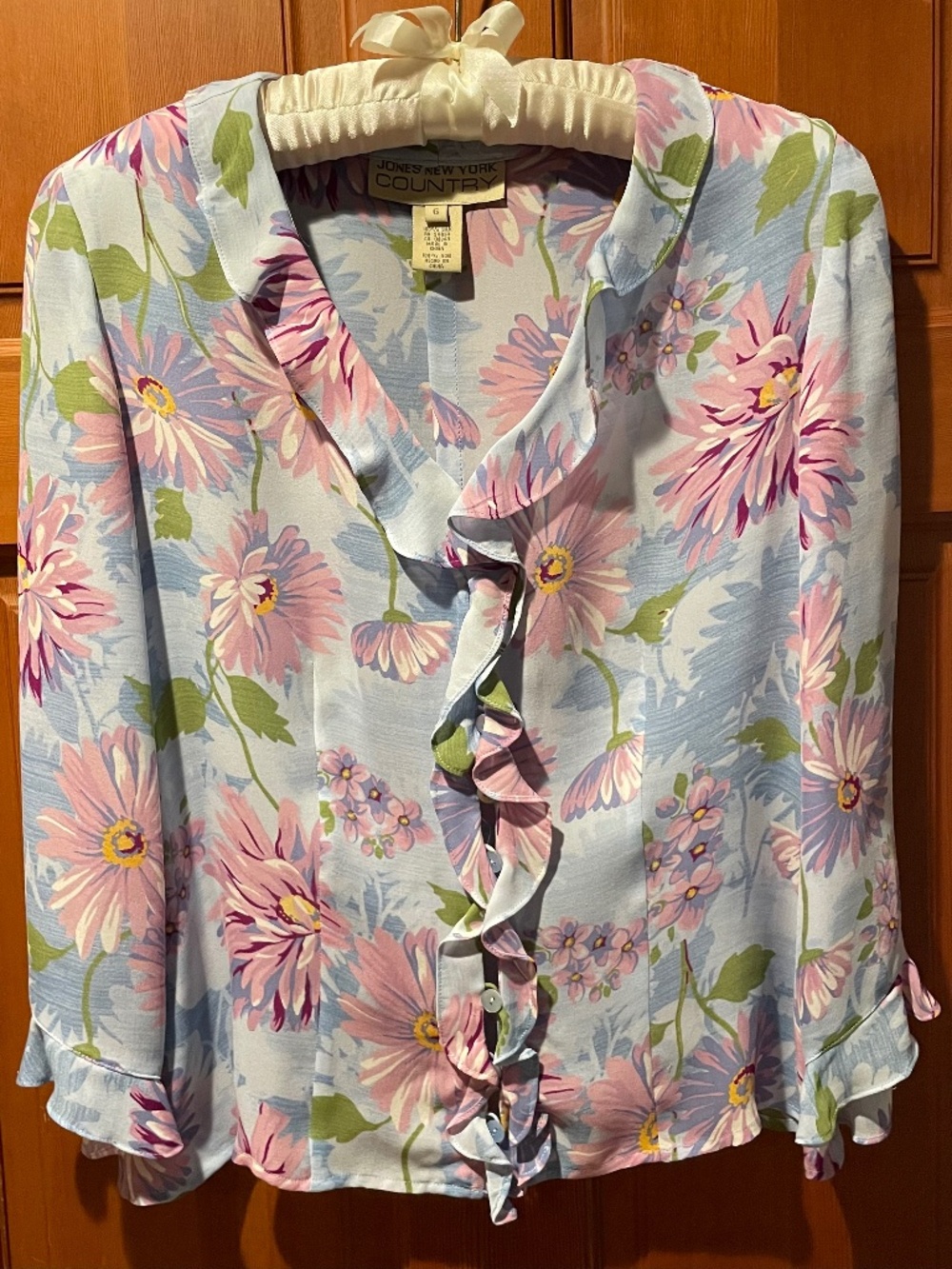 Women’s Jones New York Country Floral Blue & Pink Silk Blouse